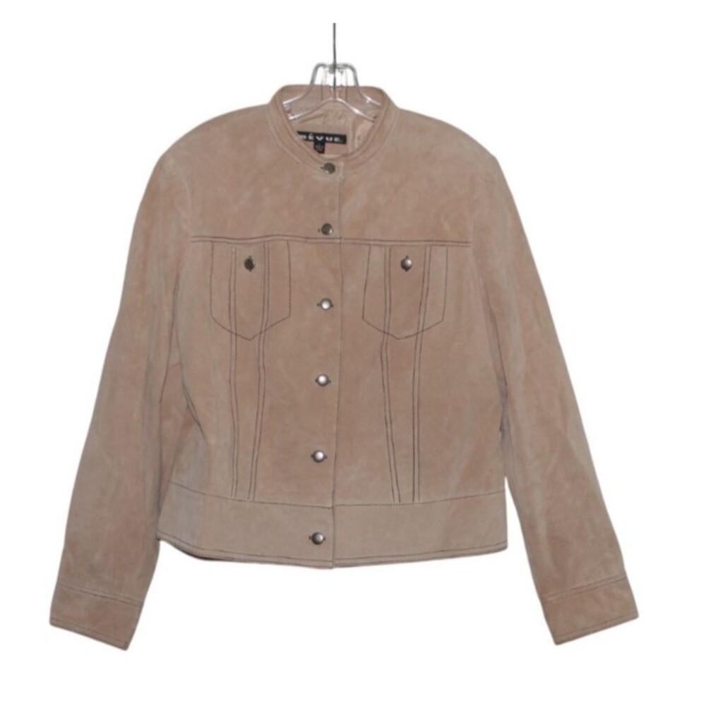 Revue Leather Suede Jacket Button Up Shirt Beige w/Black Stitching Sz L